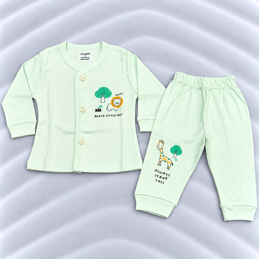 Cucumber baby boys mint green cotton shirt and pants set with lion and giraffe print
