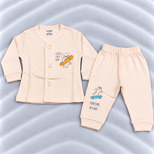 Cucumber Baby Boys Peach Cotton Skater Print Shirt & Pants Set