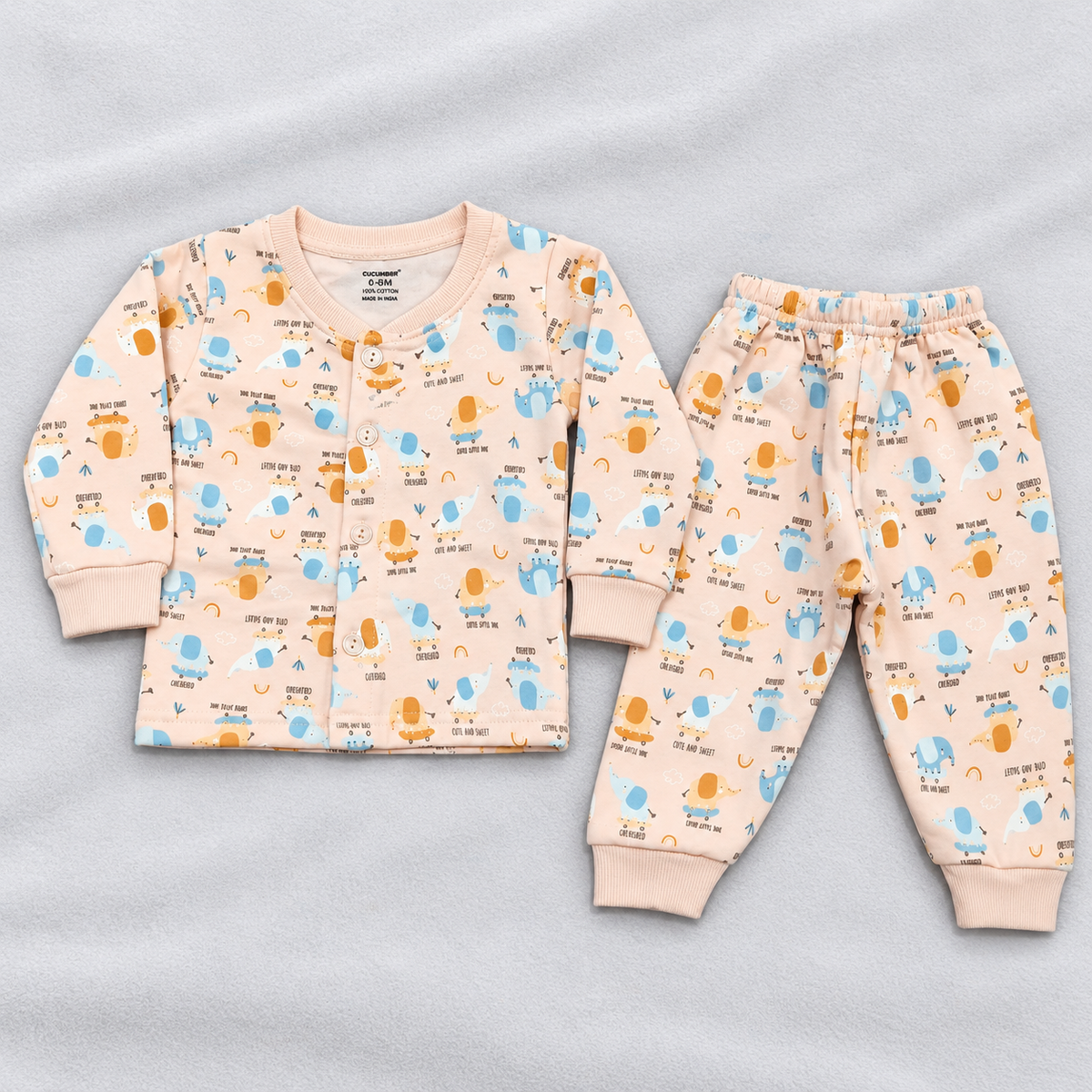 Cucumber Baby Peach Fleece Winter Suit with Cute Elephant Print