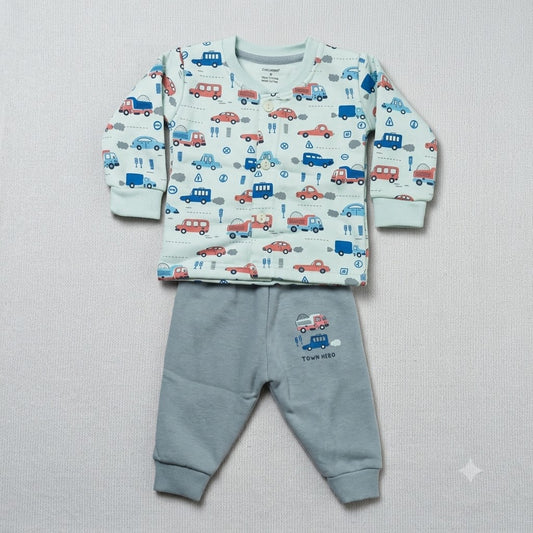Cucumber Baby Mint Green Fleece Winter Suit with Colourful Vehicle Print