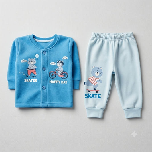 Cucumber Baby Blue Fleece Winter Suit with Cute Skater Bear Print