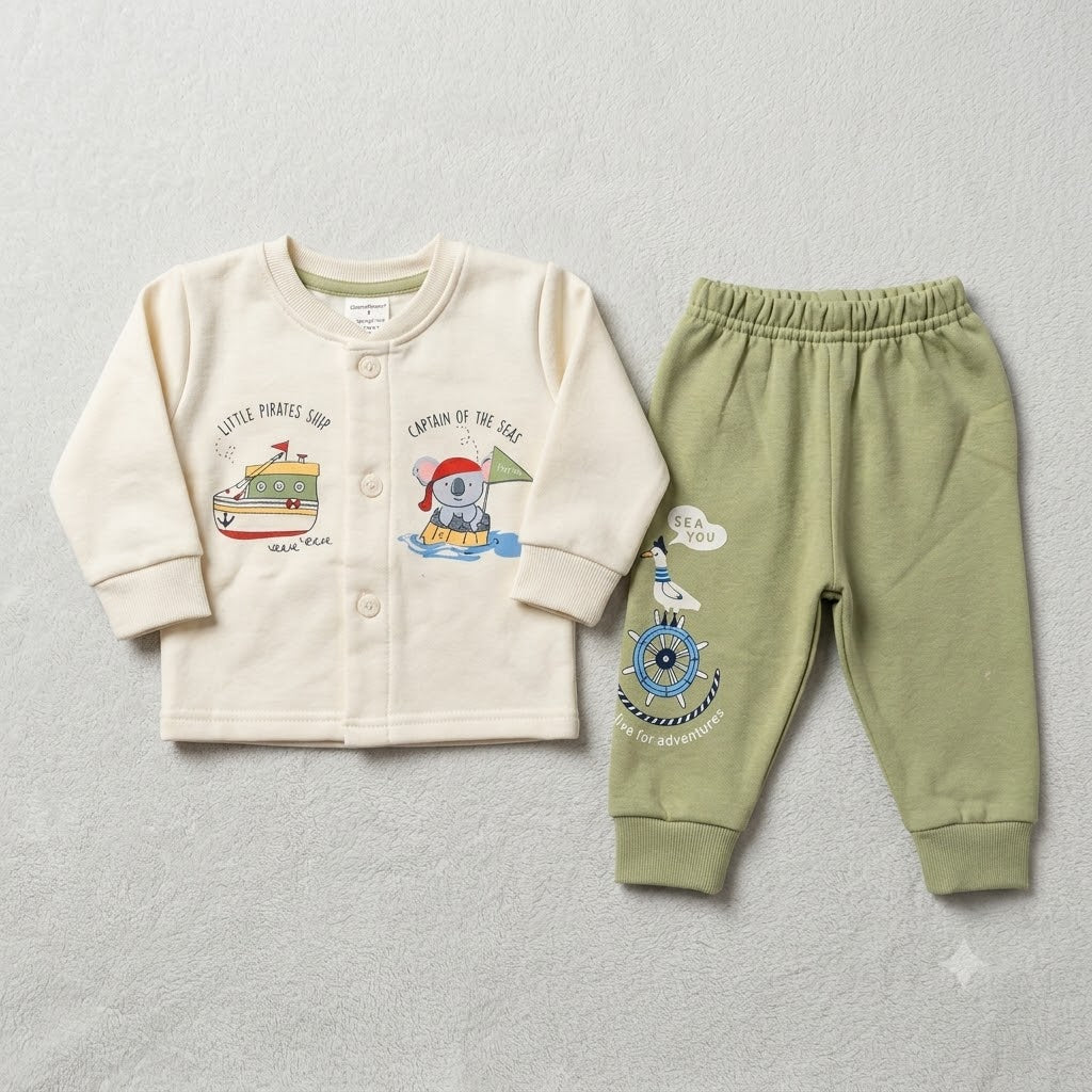 Cucumber Baby Cream Fleece Winter Suit with Nautical Animal Print