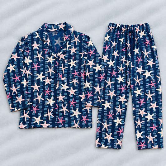 Cucu Cuddles Girls Navy Blue Starfish Printed Night Suit