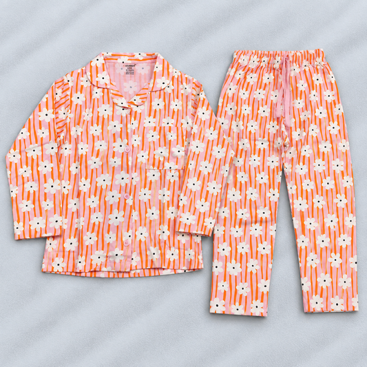 Cuccu Cuddles Girls Orange Floral Printed Night Suit