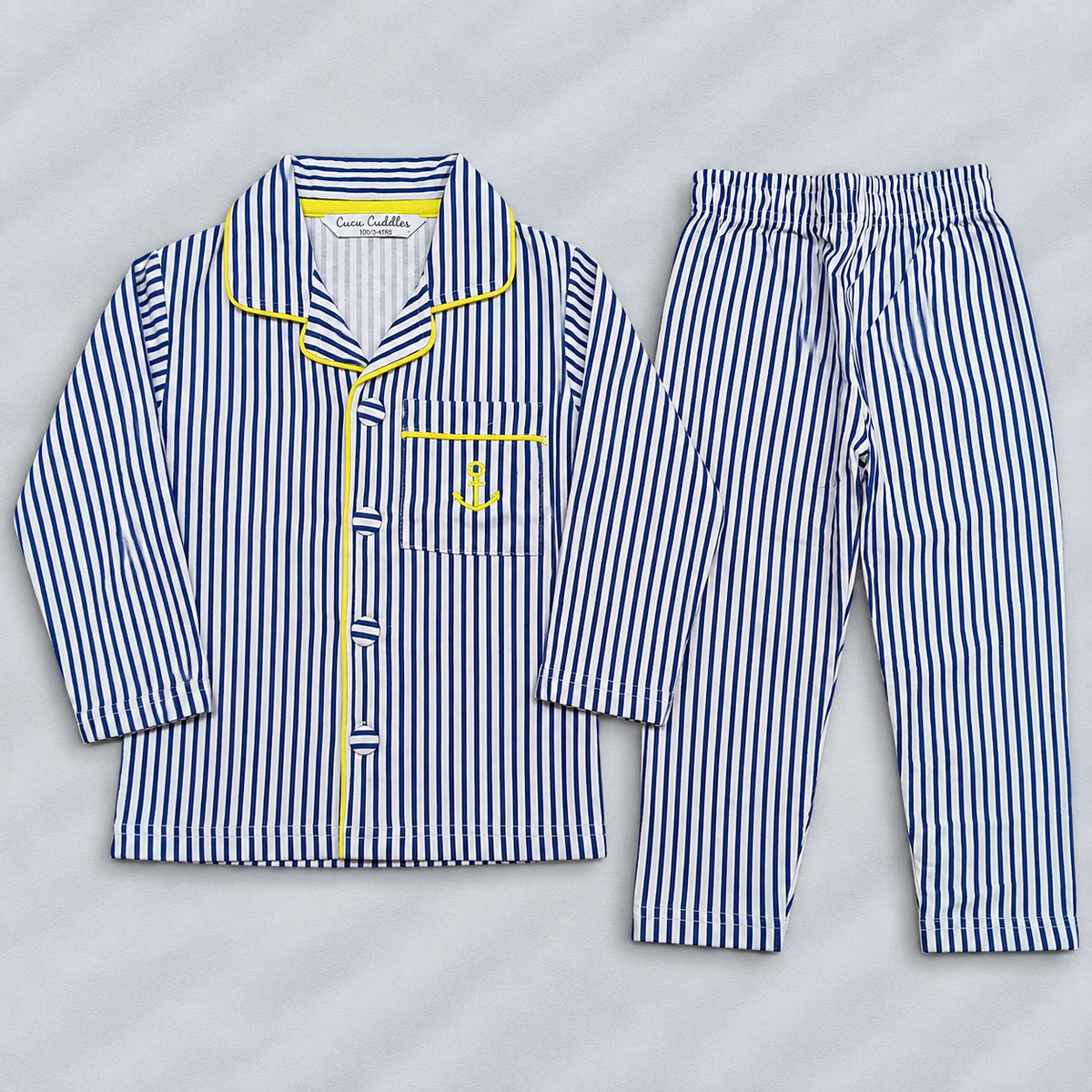 Cucumber Kids Blue & White Striped Cotton Night Suit with Anchor Pocket