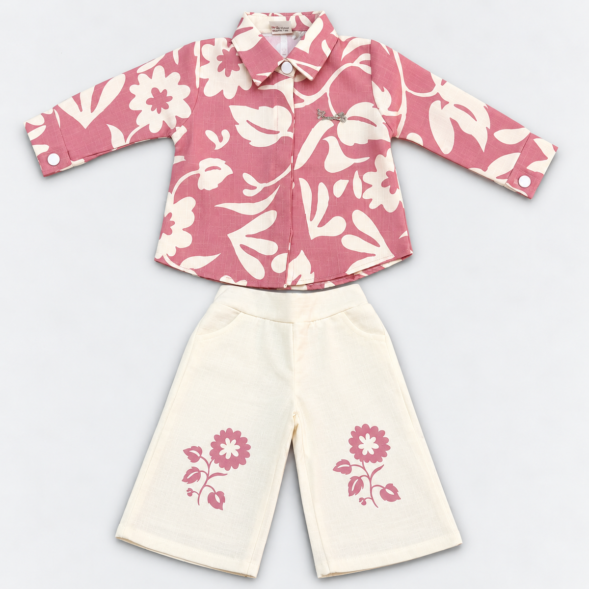 Little Daisy Girls Pink Floral Printed Shirt with Cream Palazzo Pants Set