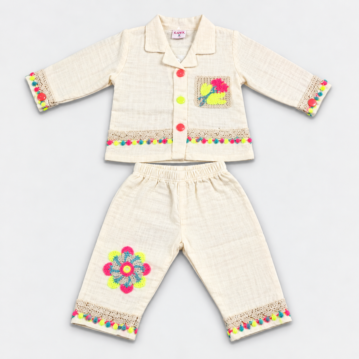 Baby Girls Cream Floral Embroidered Co-ord Set with Colourful Pom-Pom Details