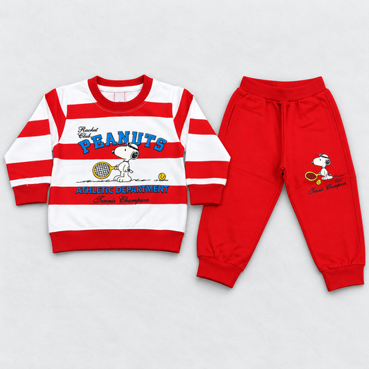 Little Blooms Boys Red & White Striped Sweatshirt and Joggers Set with Graphic Print