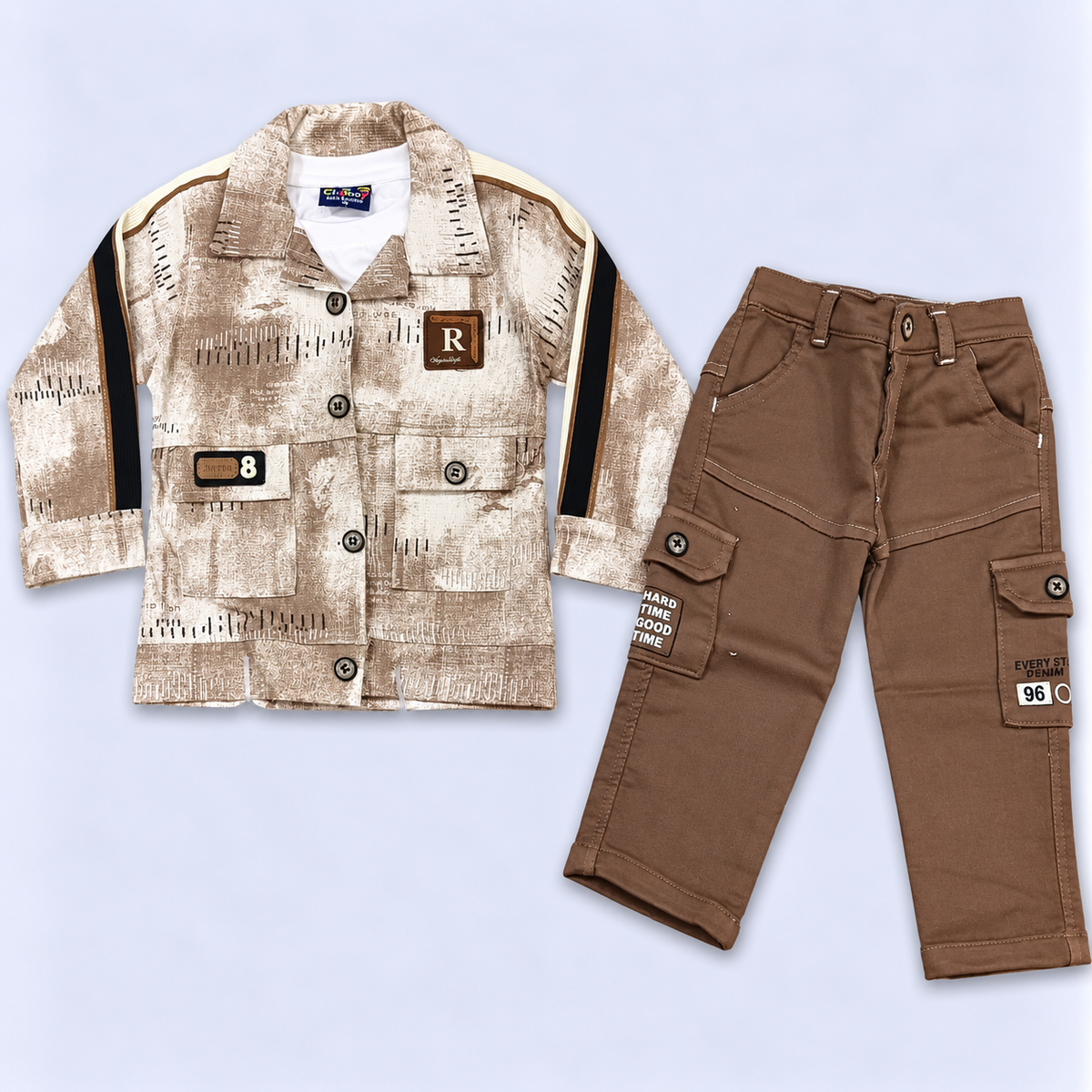 City Boys Boys Beige Printed Shirt with Brown Cargo Pants Set