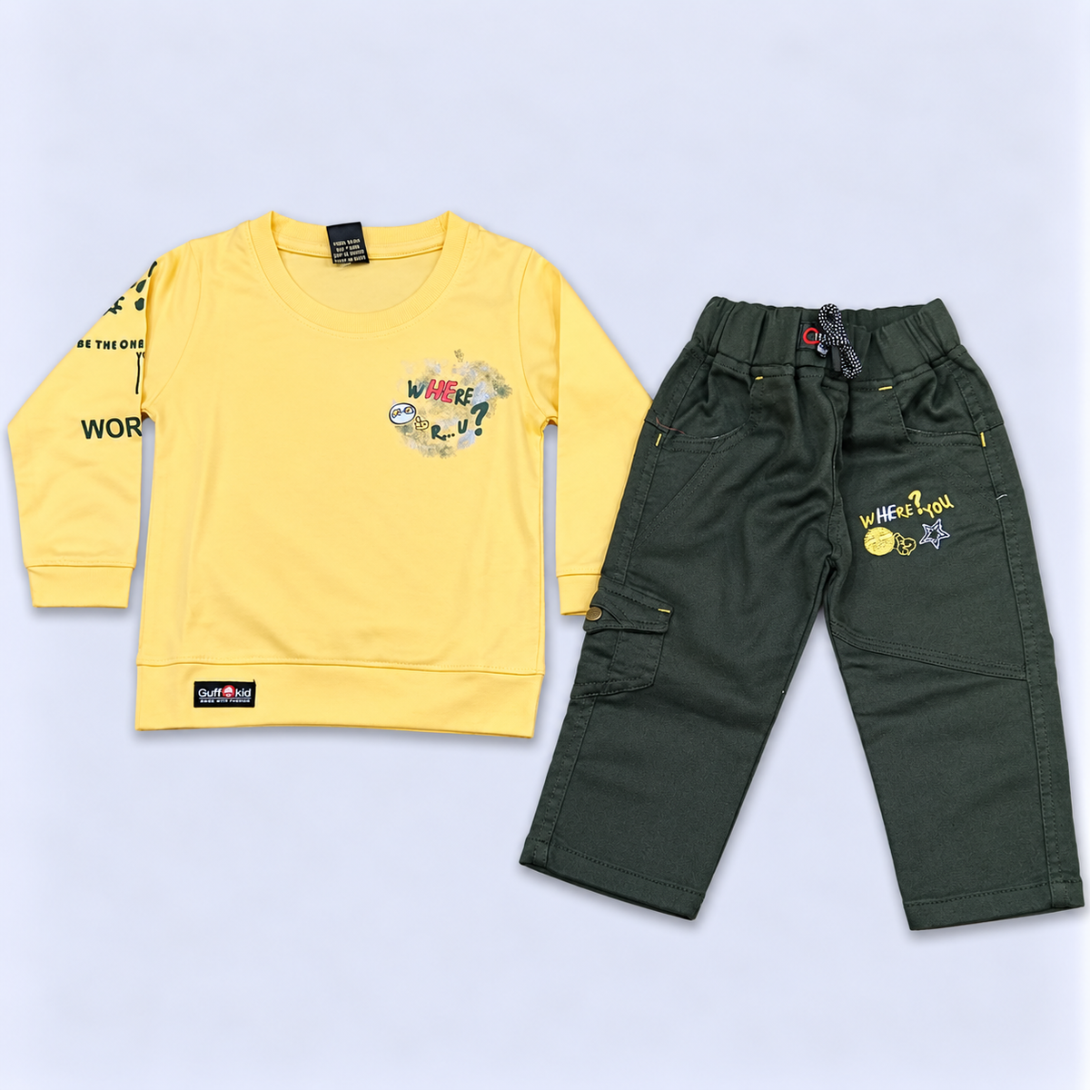 Boys Yellow Printed Sweatshirt with Dark Green Cargo Pants Set