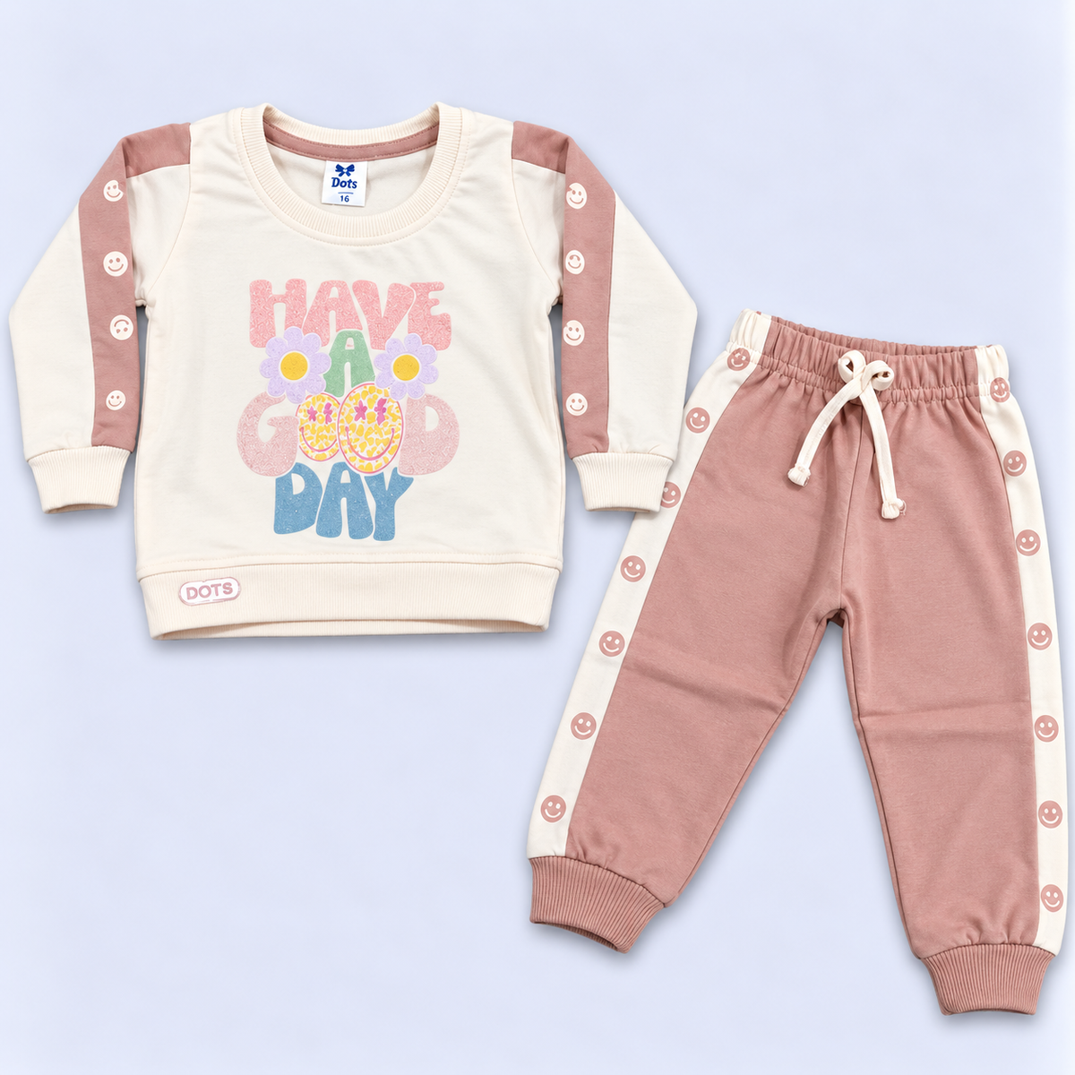 Dots Girls Pink and Cream Sweatshirt with Jogger Set | Kids Wear