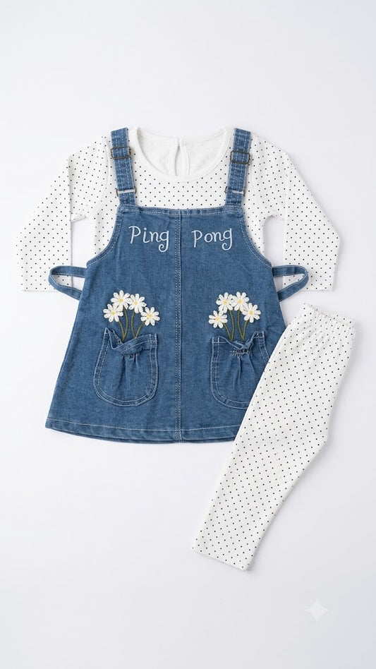 Ping Pong Girls Blue Denim Pinafore Dress with Polka Dot Top and Matching Pants Set