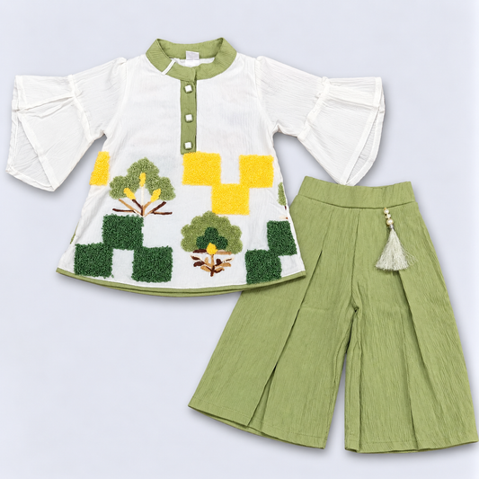 Auli Girls White Top with Green Palazzo Set | Embroidered Festive Wear