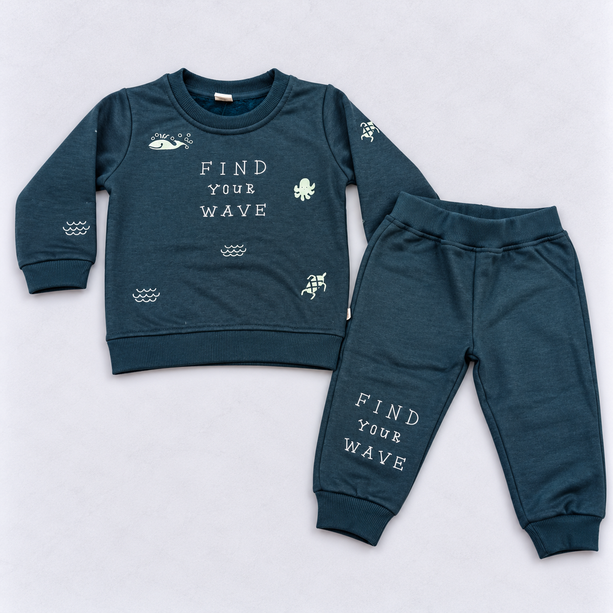 Krunchy Baby Boys Teal Blue Printed Sweatshirt and Jogger Pants Winter Set
