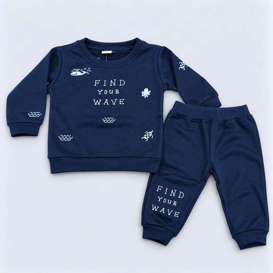 Krunchy Baby Boys Navy Blue Printed Sweatshirt and Jogger Pants Winter Set