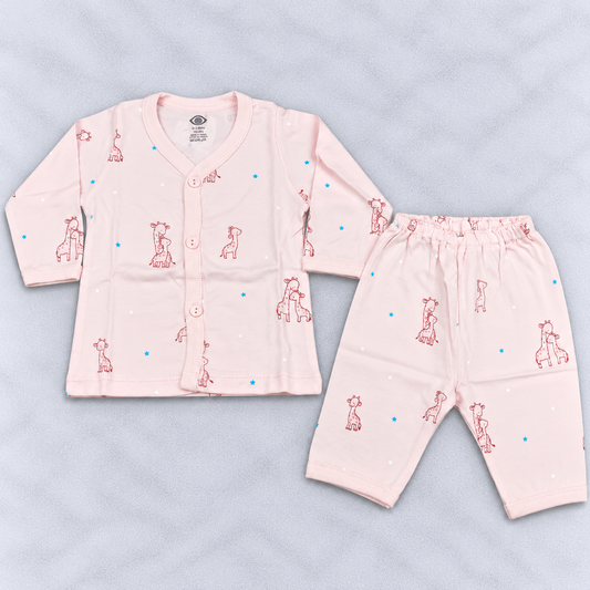 Zero Baby Girls Pink Giraffe Print Cotton Co-Ord Set with Button-Front Top and Matching Pants