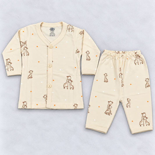 Zero Cream Giraffe Print Baby Unisex Cotton Co-Ord Set with Button-Front Top and Pants