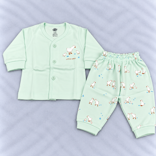 Zero Baby Unisex Mint Green Duck Print Co-Ord Set with Button-Front Top and Matching Pants