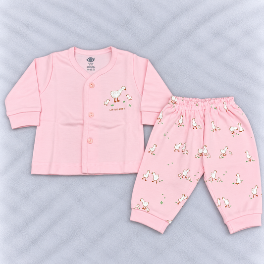 Zero Baby Girls Pink Duck Print Co-Ord Set with Button-Front Top and Matching Pants