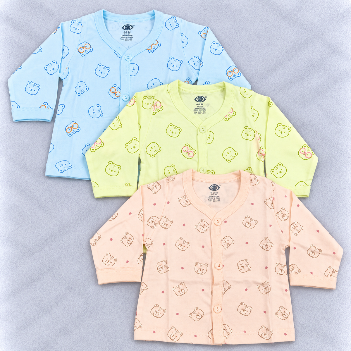 Zero newborn baby tops set of 3 featuring blue, lime green and peach long-sleeve button-front tops with cute bear prints