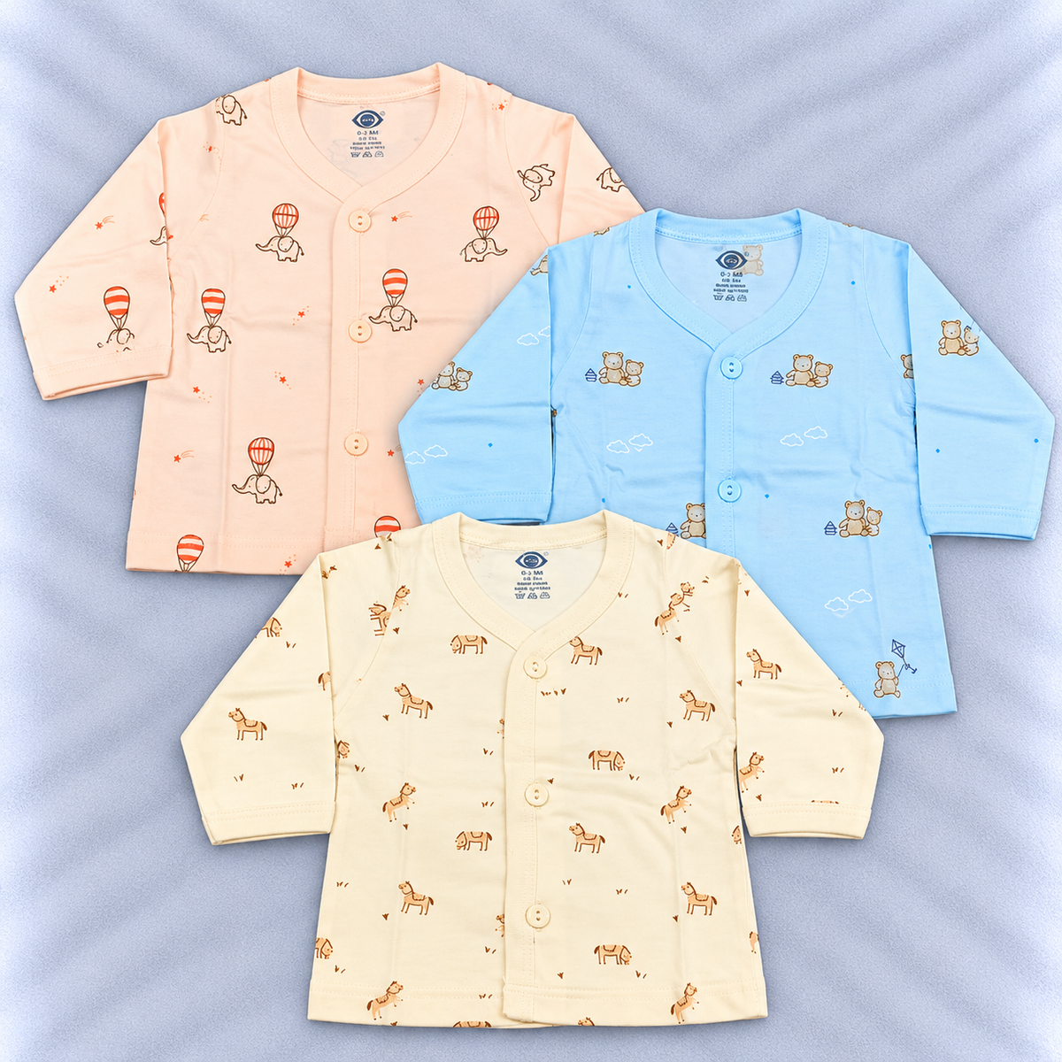 Zero newborn baby cotton tops set of 3 in peach, blue and cream with cute animal prints and front button closure