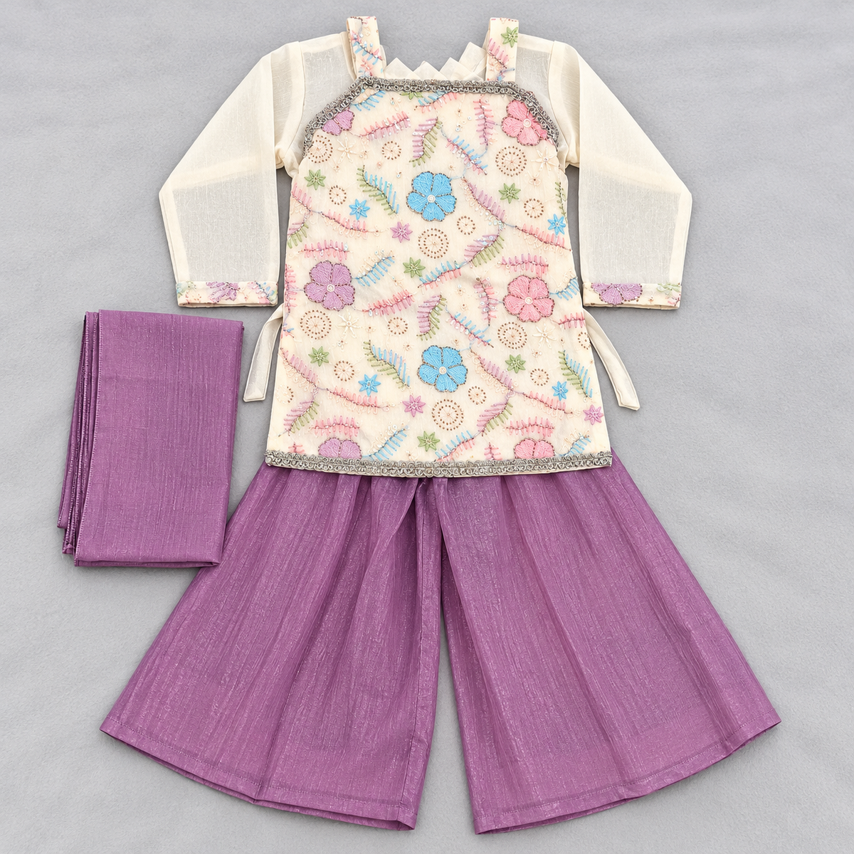 Girls Cream Floral Embroidered Sharara Suit with Purple Dupatta