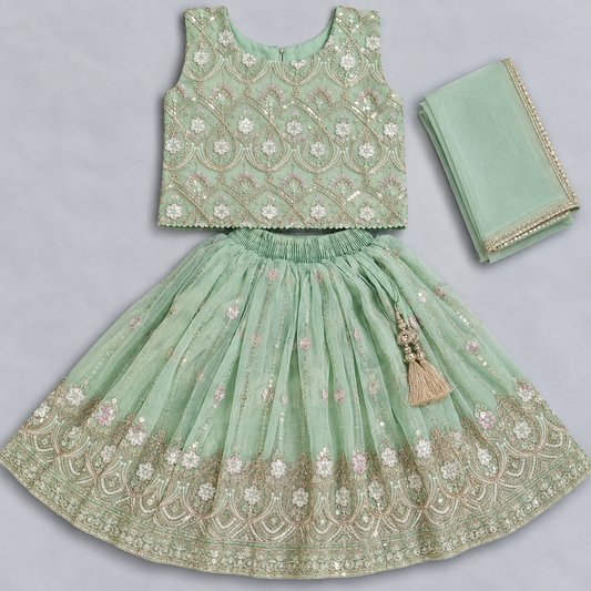 Girls Mint Green Embroidered Lehenga Choli with Matching Dupatta