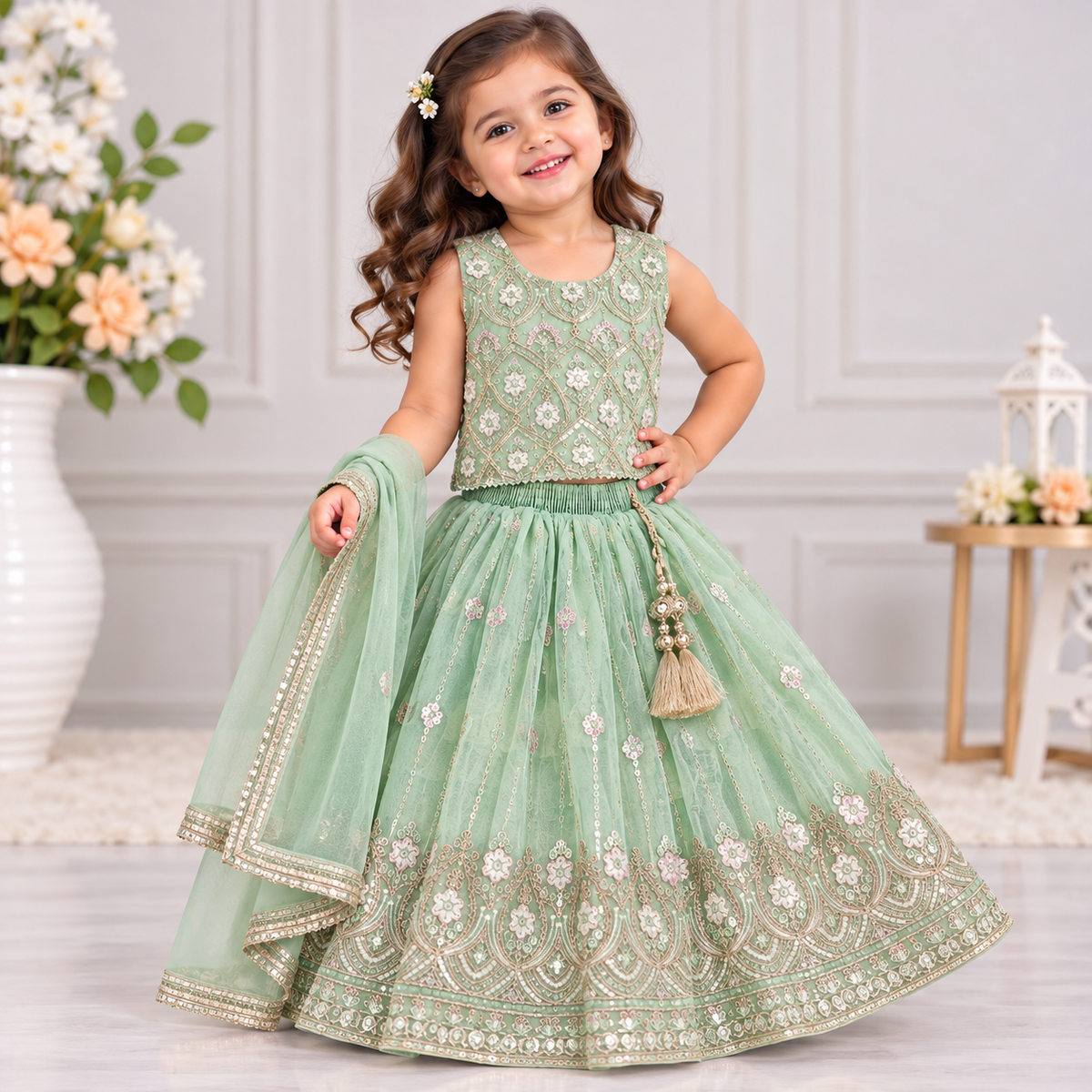 Cutypi girls mint green embroidered lehenga choli with sleeveless floral embellished blouse, flared lehenga skirt, gold-tone sequin work and matching dupatta