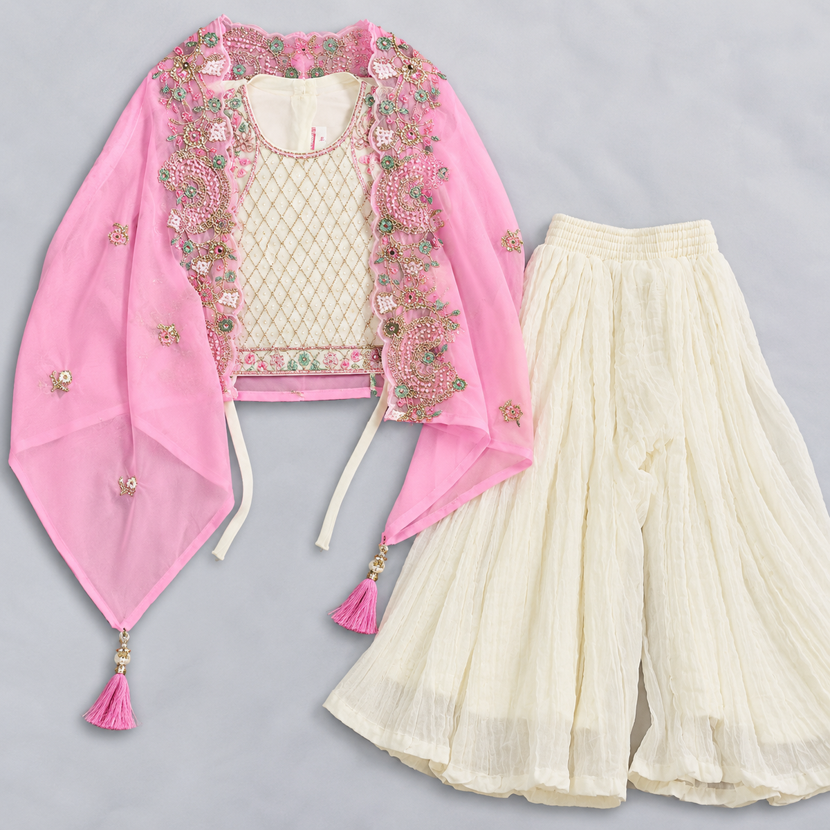 Girls Pink Embroidered Top with Ivory Palazzo Pants and Sheer Cape