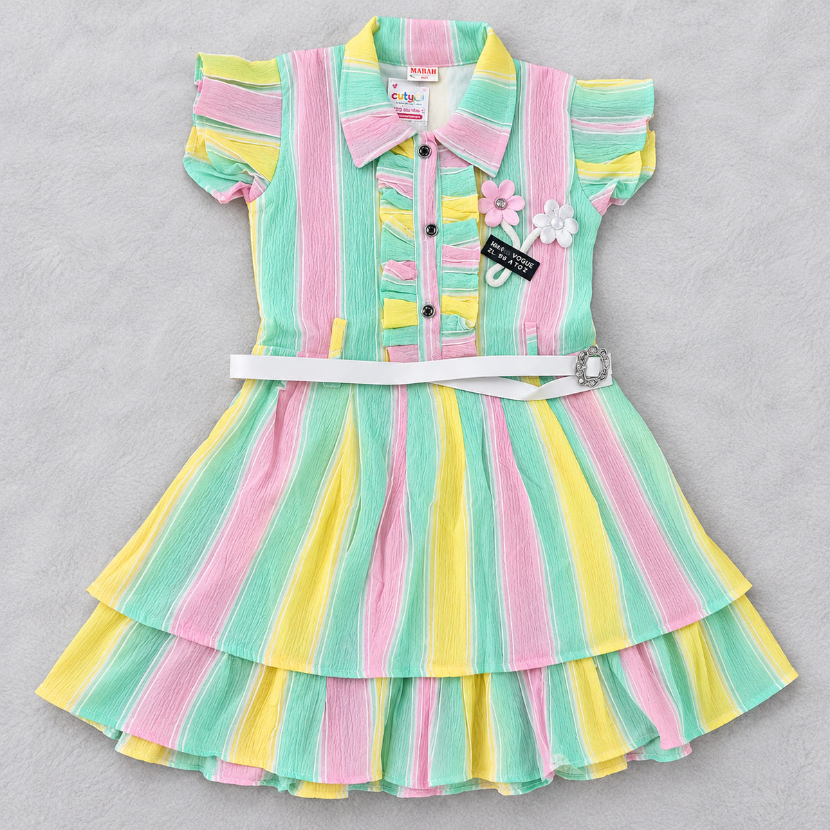 Girls Pastel Multicolor Striped Party Wear Frock Dress with Belt