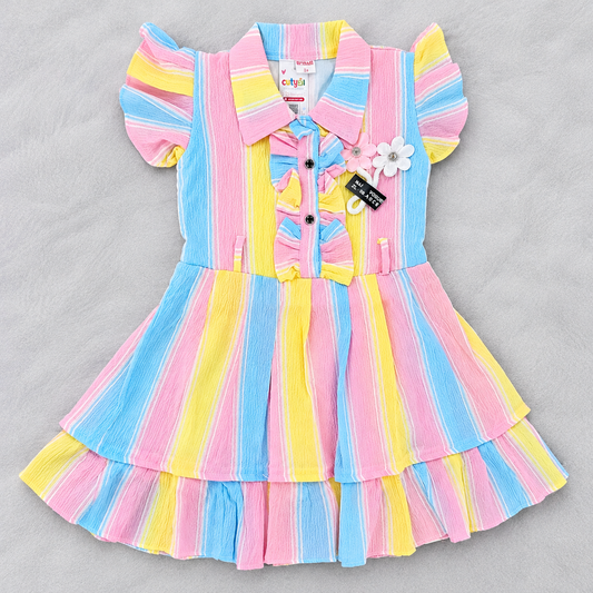 Cutypi Girls Pink Blue Yellow Striped Party Wear Frock with Floral Details
