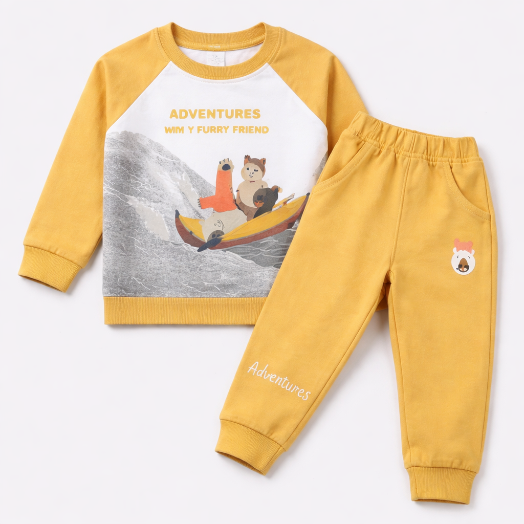 Cutypi Yellow Adventures Print Kids Co-Ord Set – Full Sleeve Cotton Sweatshirt & Jogger Pants - Cutypi