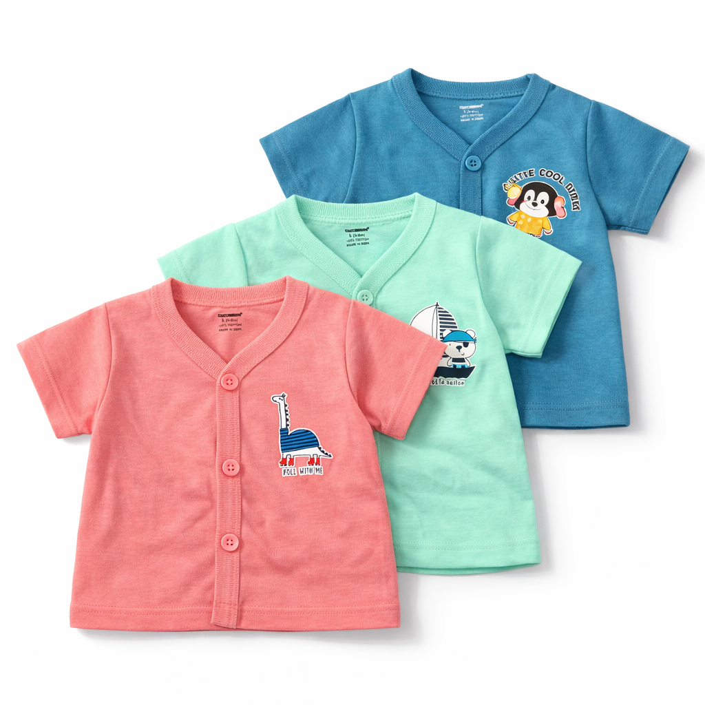 Cucumber Baby Printed Front Open Cotton T-Shirt – Car & Sailor Design - Set of 3 - Cutypi