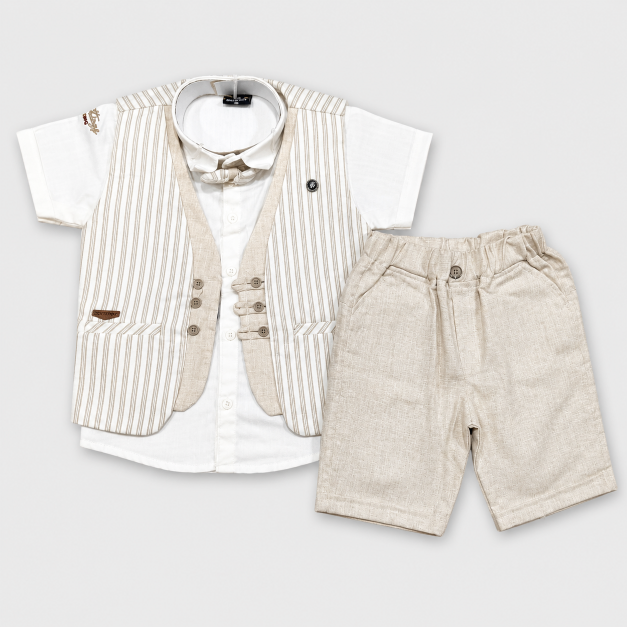 Boys 4 Piece Party Wear Waistcoat, Shirt, Shorts & Bow Tie Set – Beige | Kids Formal Dress | Cutypi