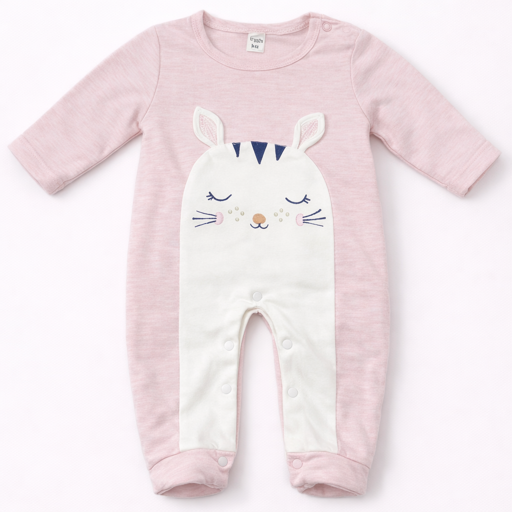 Soft Pink Baby Sleepsuit with Cute Bunny Face – Full Sleeve Cotton Romper