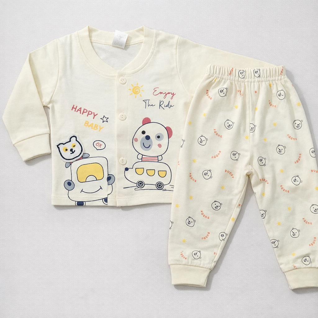Dots Happy Baby Cotton Clothing Set – Cartoon Print Front Open Top & Pajama - Cutypi