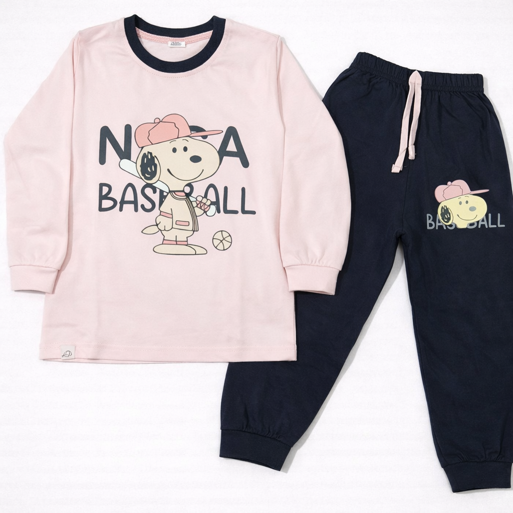 Natkhat Baseball Dog Kids Pink Full Sleeve Top & Navy Jogger Pants - Cutypi