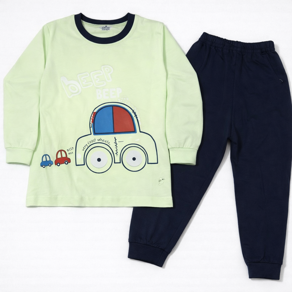 Natkhat Beep Beep Car Kids Light Green Full Sleeve Top & Navy Joggers - Cutypi