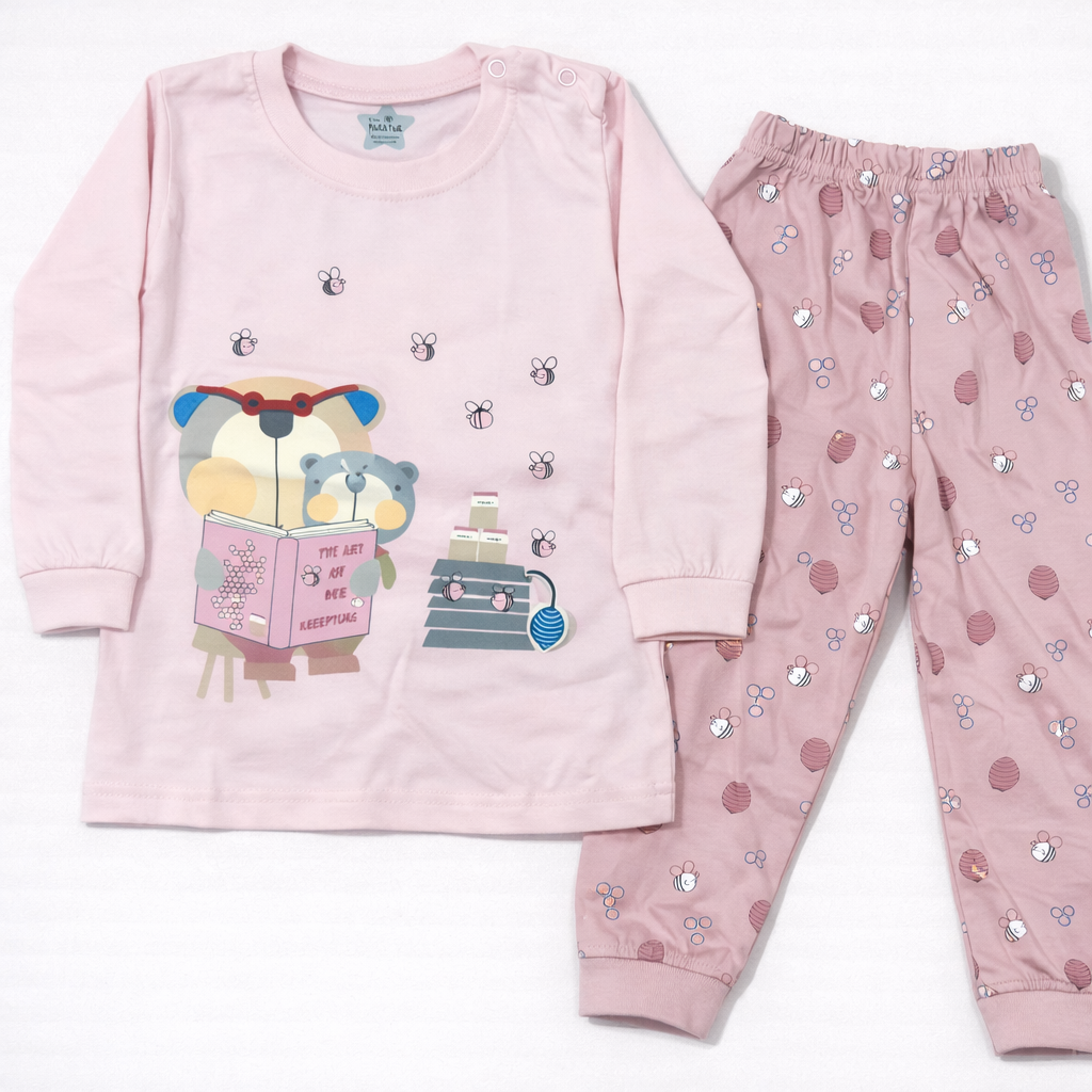 Natkhat Pink Bear & Bee Suit Set – Full Sleeve Cotton Top & Printed Pyjama - Cutypi