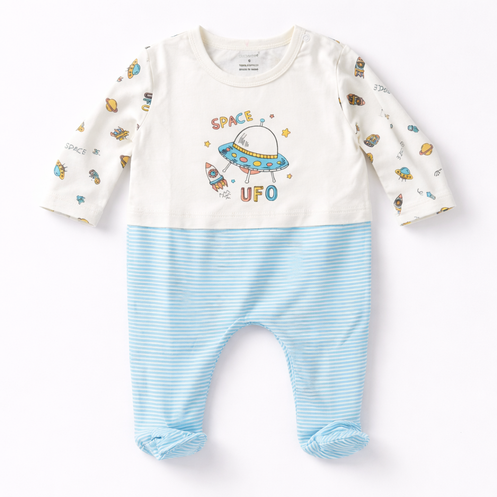 Space UFO Baby Cotton Sleepsuit – Blue Striped Footed Onesie