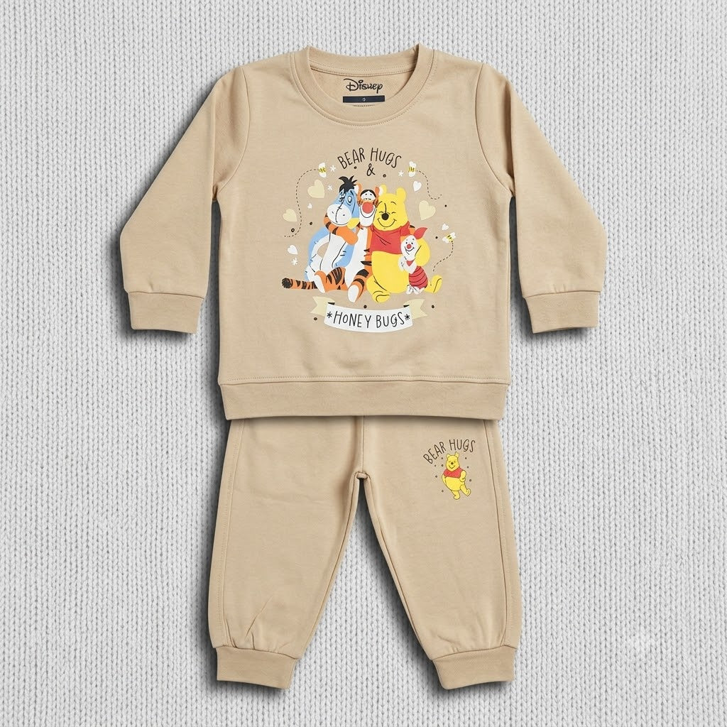 Little Blooms Kids Beige Sweatshirt and Joggers Set with Cute Cartoon Print