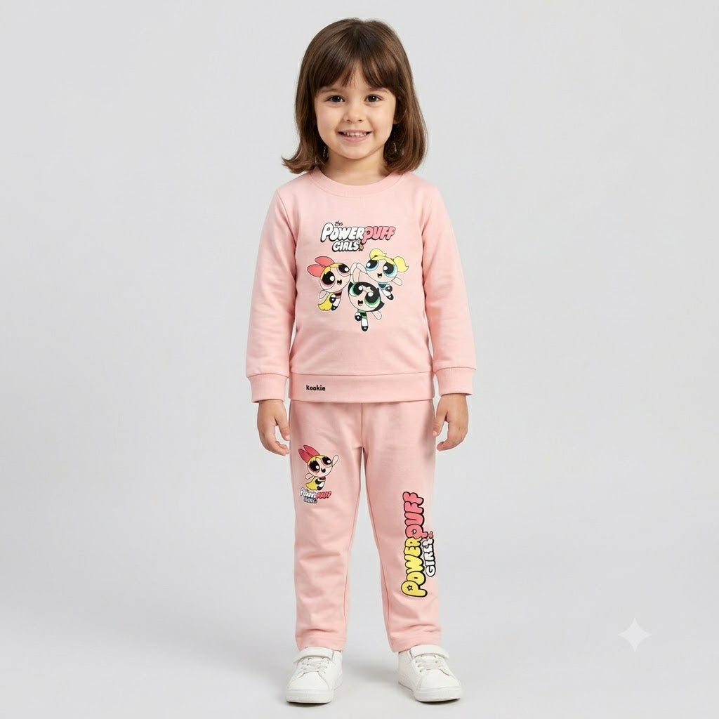 Kookie girls light pink sweatshirt and matching pants set with colorful Powerpuff Girls cartoon prints