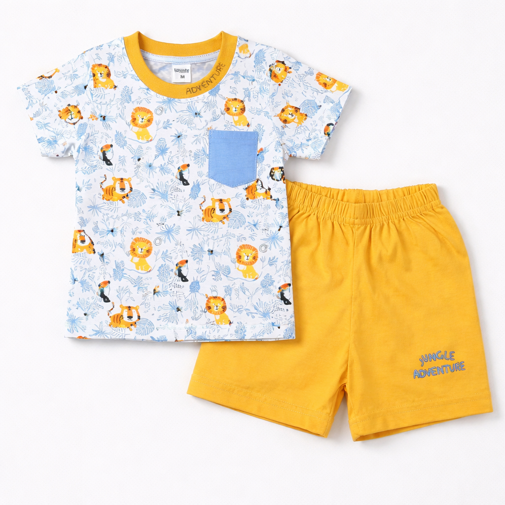 Krunchy Jungle Adventure Kids 2-Piece Outfit – Lion Print T-Shirt & Yellow Shorts Set for Boys & Toddlers  - Cutypi