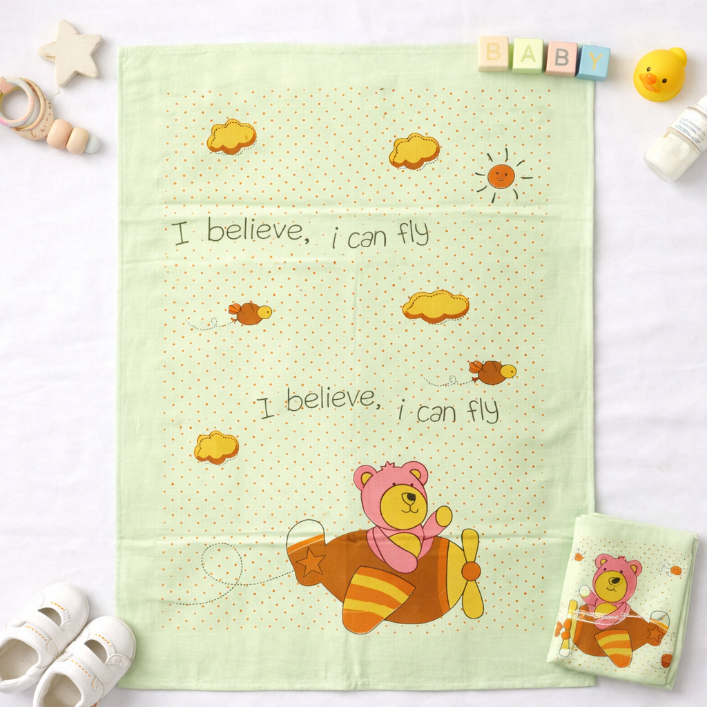 Baby Bath Towel Soft Muslin Cotton Cartoon Bear Airplane Print Green Absorbent Baby Towel - Cutypi