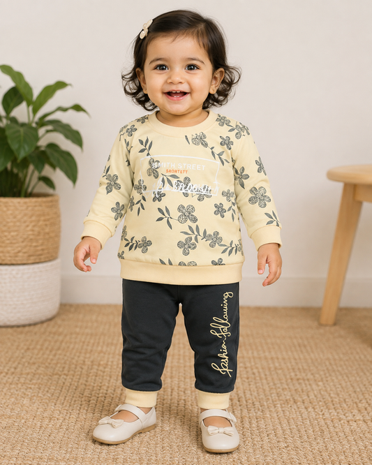 Baby Girls Floral Sweatshirt with Jogger Pants Set Yellow & Grey Winter Outfit