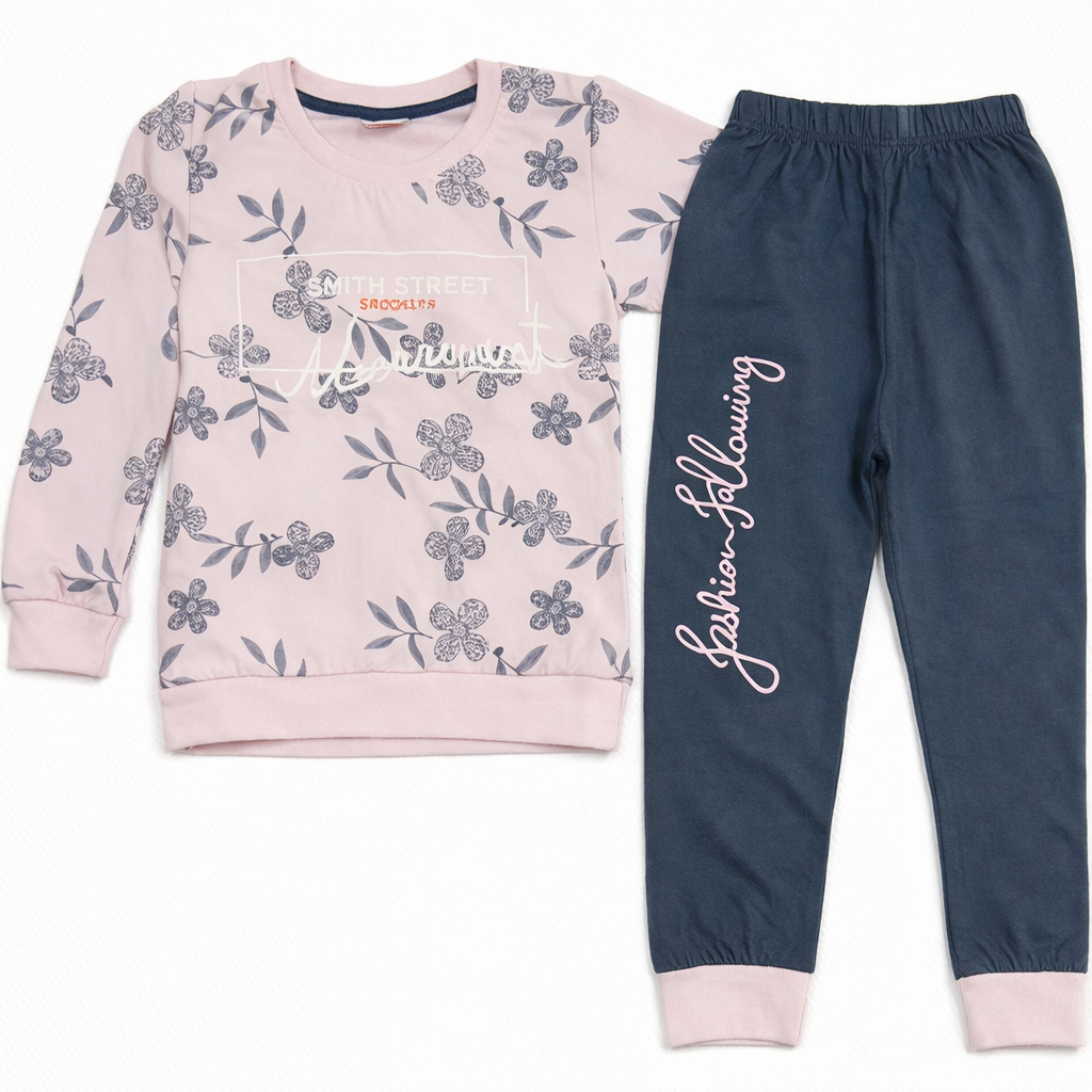 Annie Baby Girls Floral Sweatshirt with Jogger Pants Set Pink & Grey Winter Outfit - Cutypi