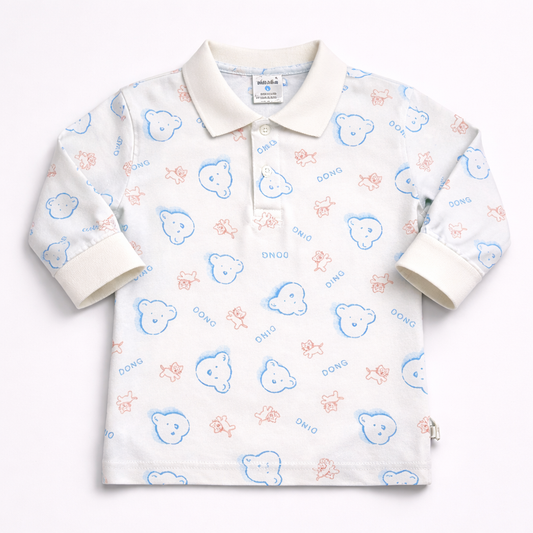 White & Sky Blue Bear Print Kids Polo T-Shirt – Full Sleeve Cotton Collared Tee