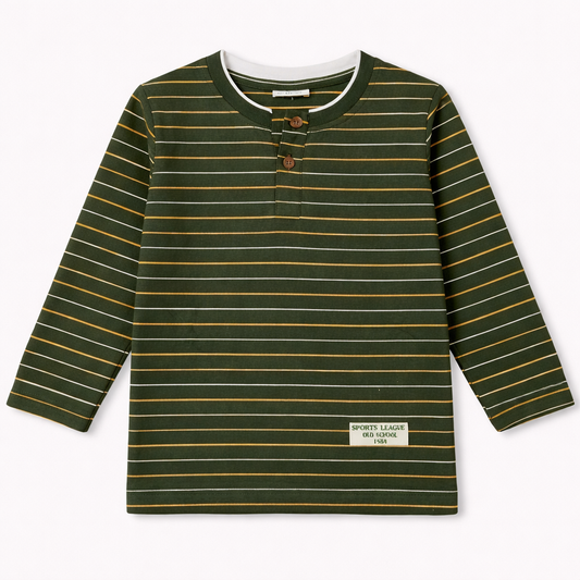 Krunchy Green Striped Kids T-Shirt – Full Sleeve Cotton Henley Neck Tee - Cutypi