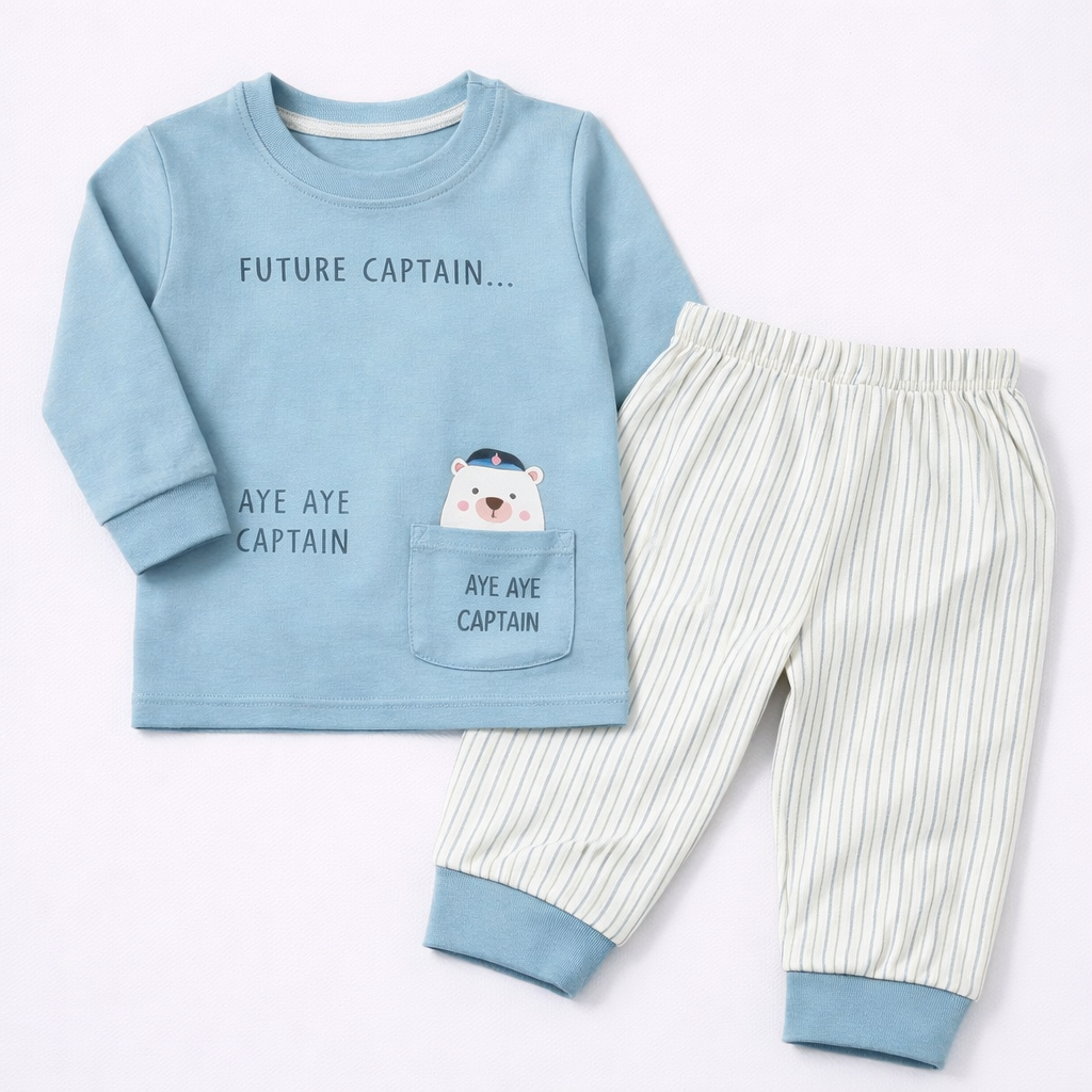 Cucumber Future Captain Baby Set – Graphic Top & Striped Jogger Pants  - Cutypi