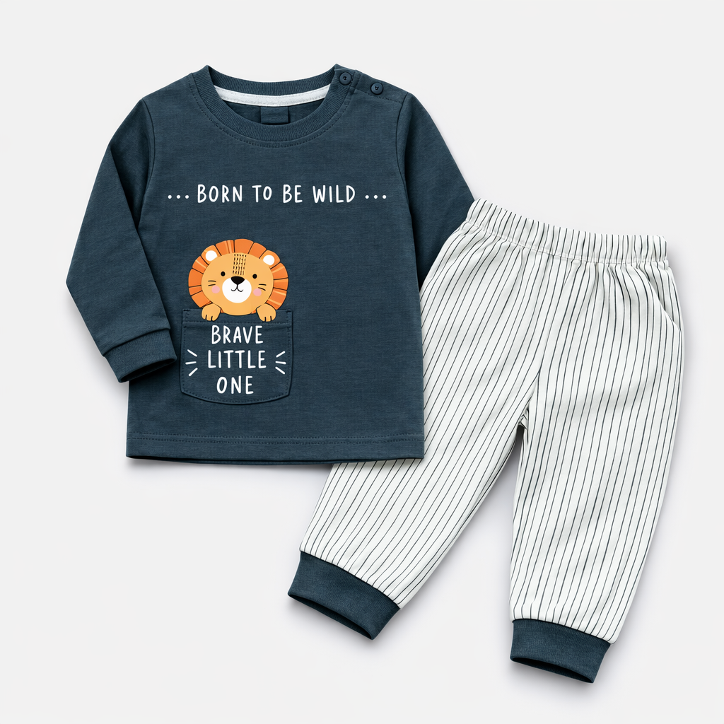 Cucumber Brave Little One Baby Set – Lion Graphic Top & Striped Jogger Pants  - Cutypi